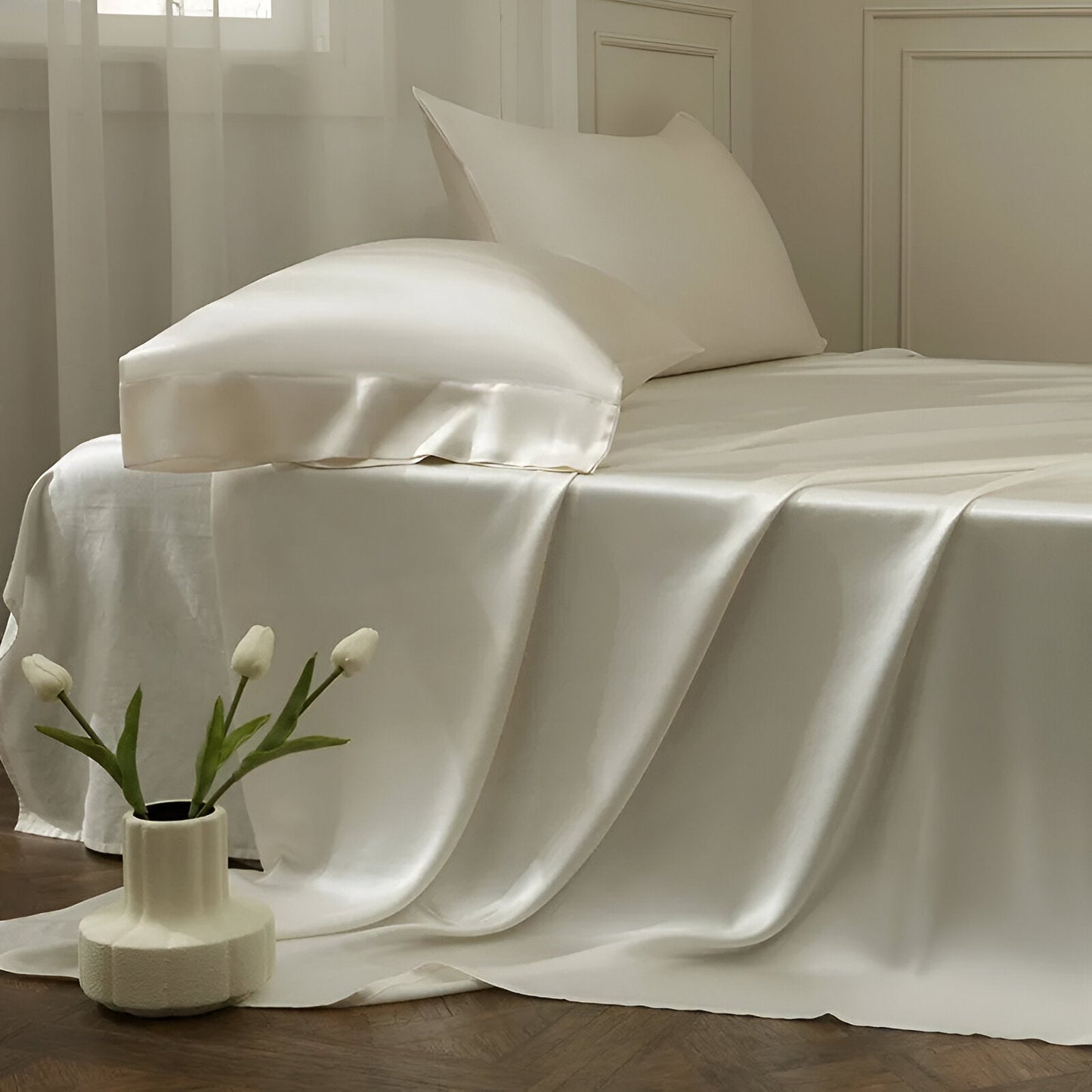 Gamila Mulberry Silk Bedding Set - Side View - Left Side - Close Up - White