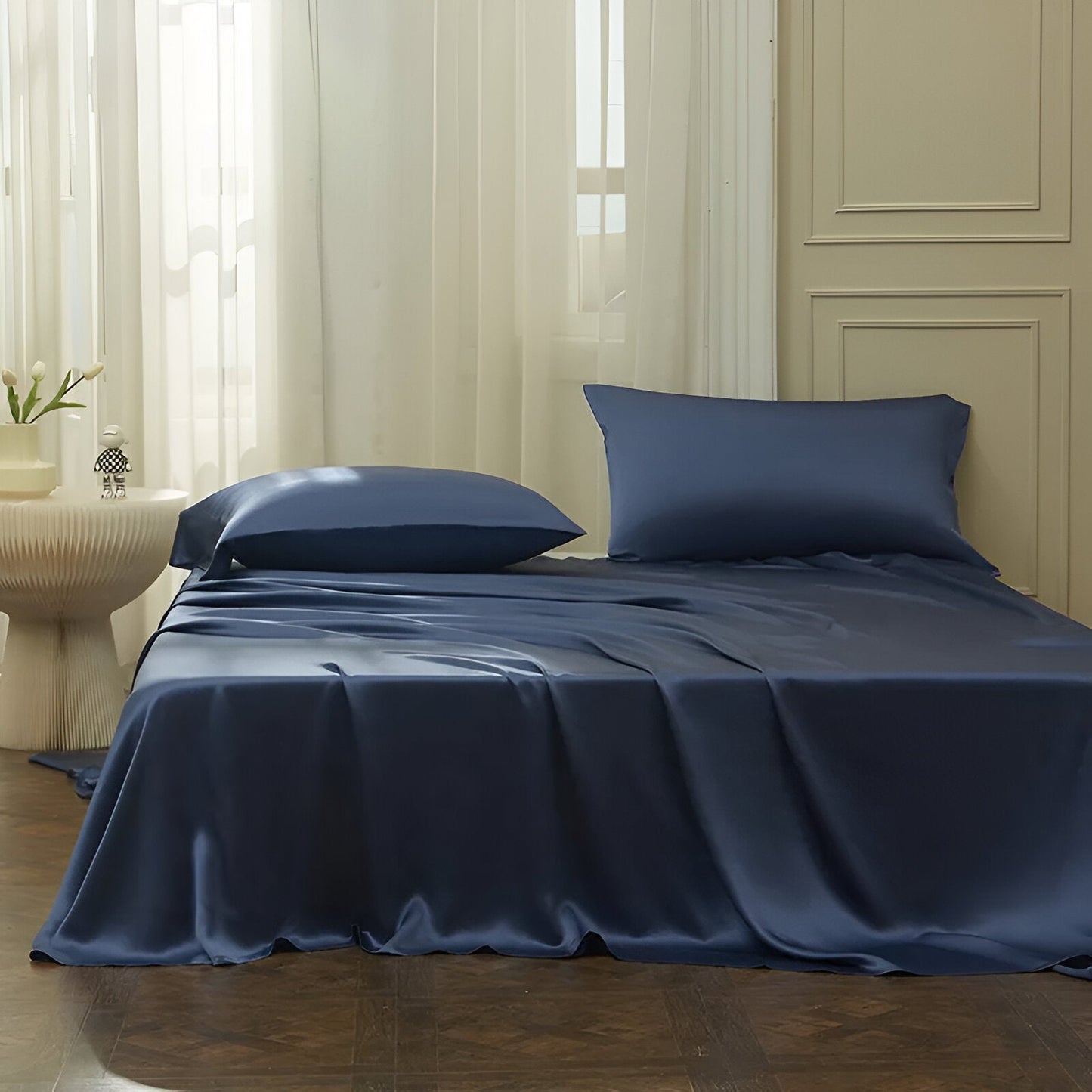 Gamila Mulberry Silk Bedding Set - Front Side View - Main Product Image - Navy Blue