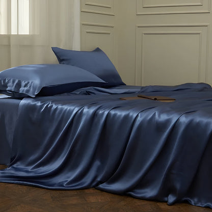 Gamila Mulberry Silk Bedding Set - Side View - Left Side - Close Up - Navy Blue