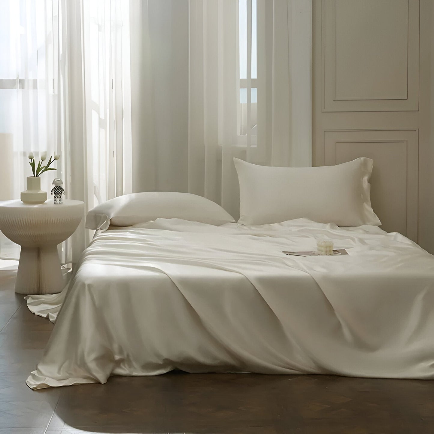 Gamila Mulberry Silk Bedding Set - Front Side View - Main Product Image - White