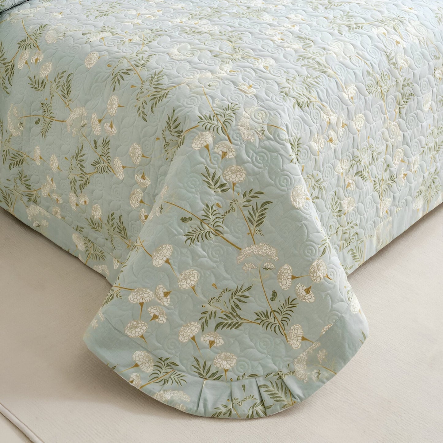 Isabella Cotton Bedspread - Corner Image - Close Up - Green