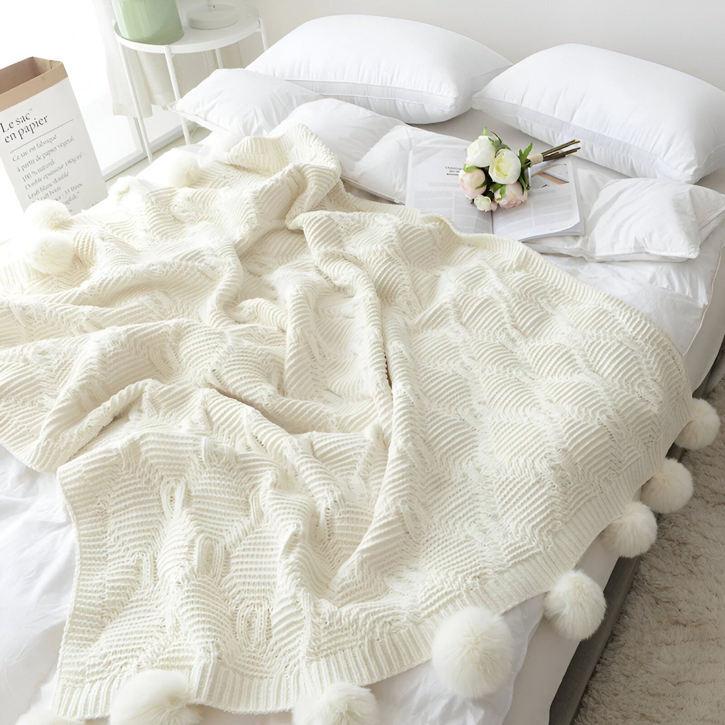 Juliette Knitted Throw Blanket - Birds Eye View - Cream