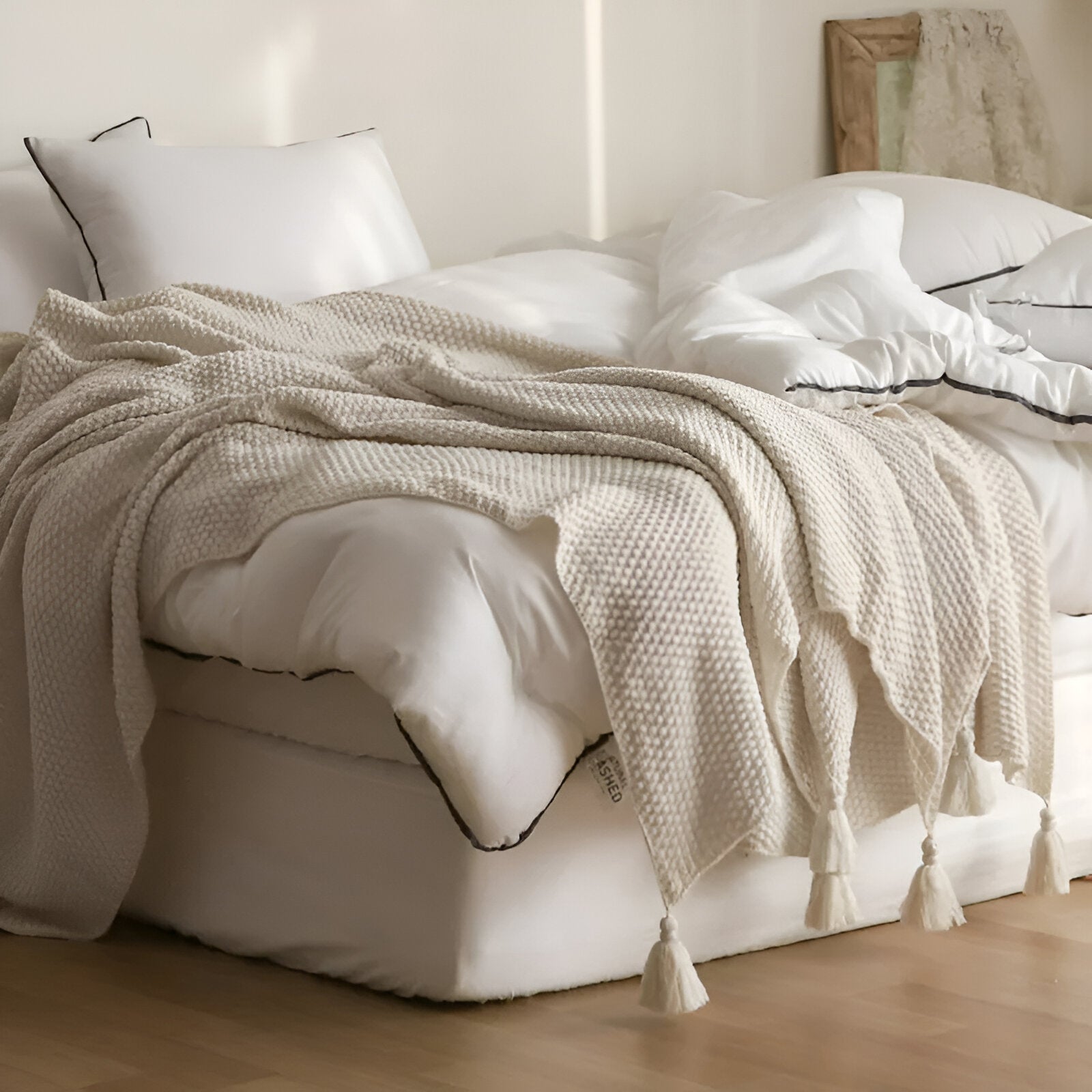 Lex Knitted Throw Blanket - Side View - Beige