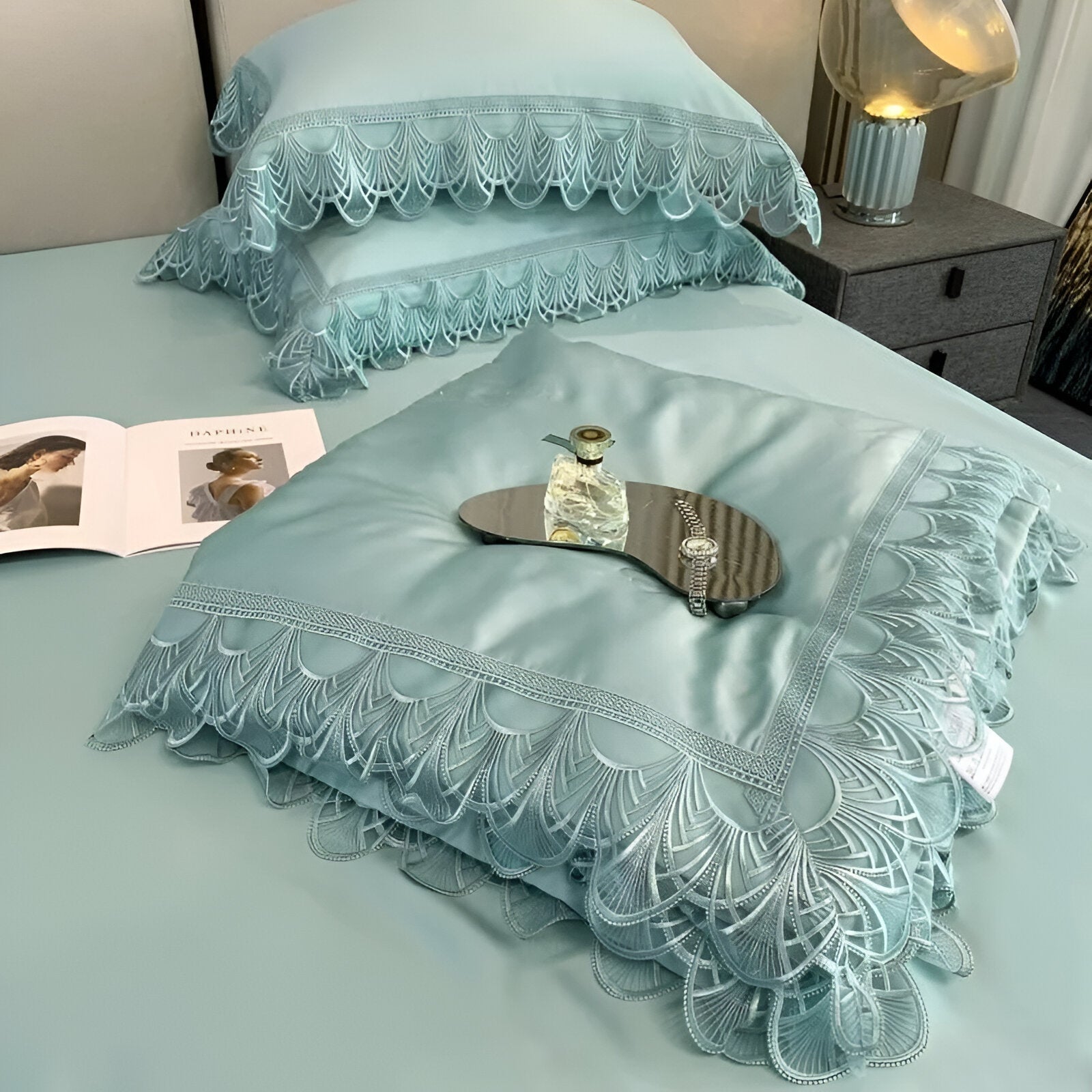 Lisette Eucalyptus Coverlet Set - Close Up Of Detailing - Aqua Blue