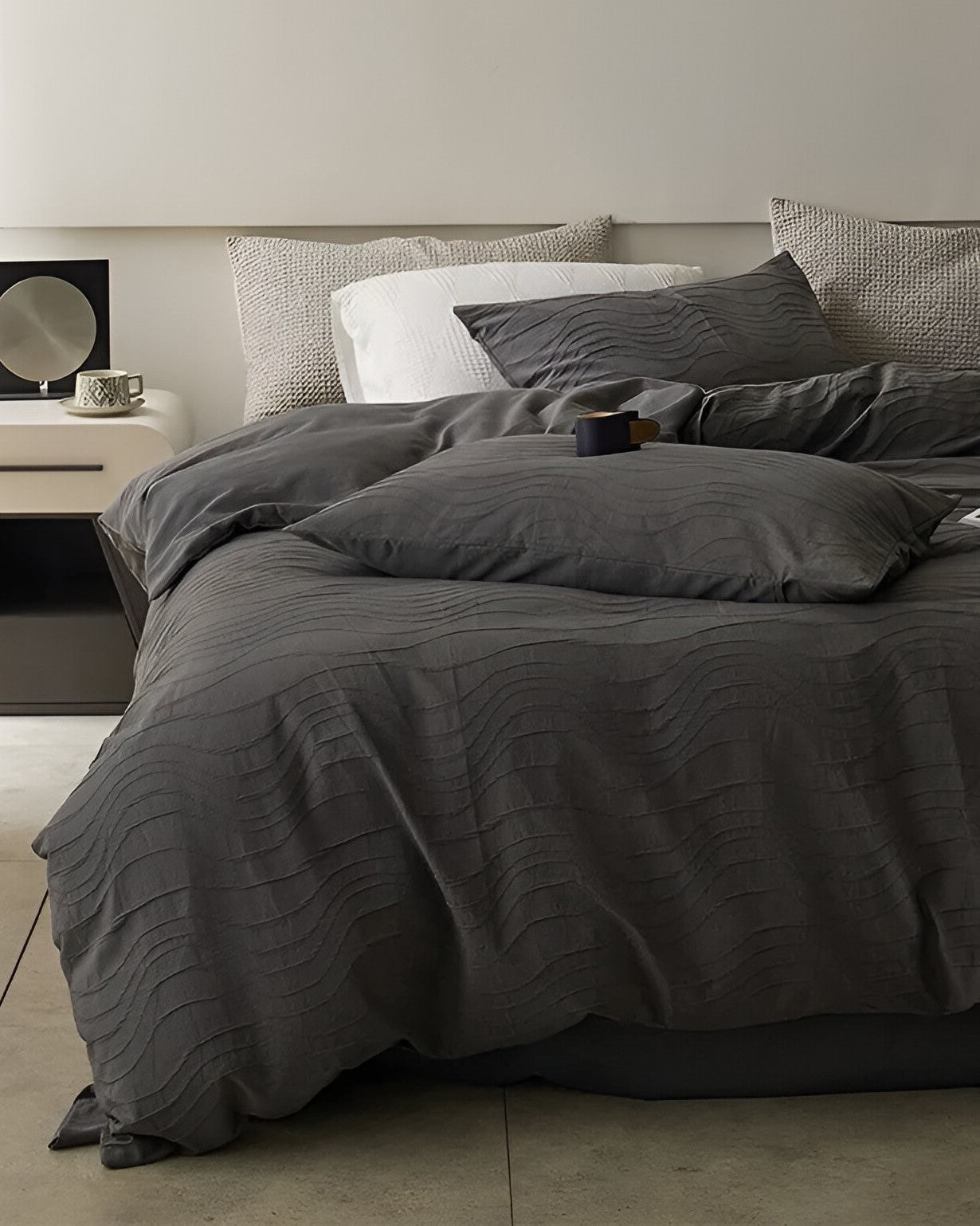 Luna Cotton Bedding Set - Front Side View - Graphite