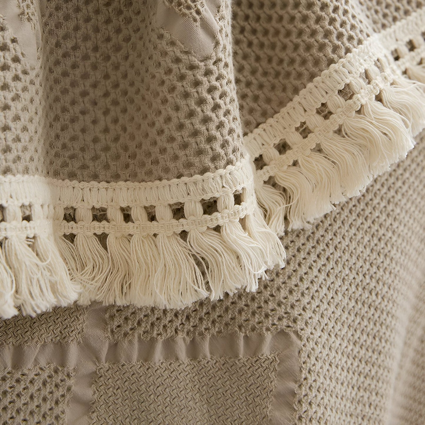 Luna Woven Cotton Blanket - Close Up Of Detailing - Taupe