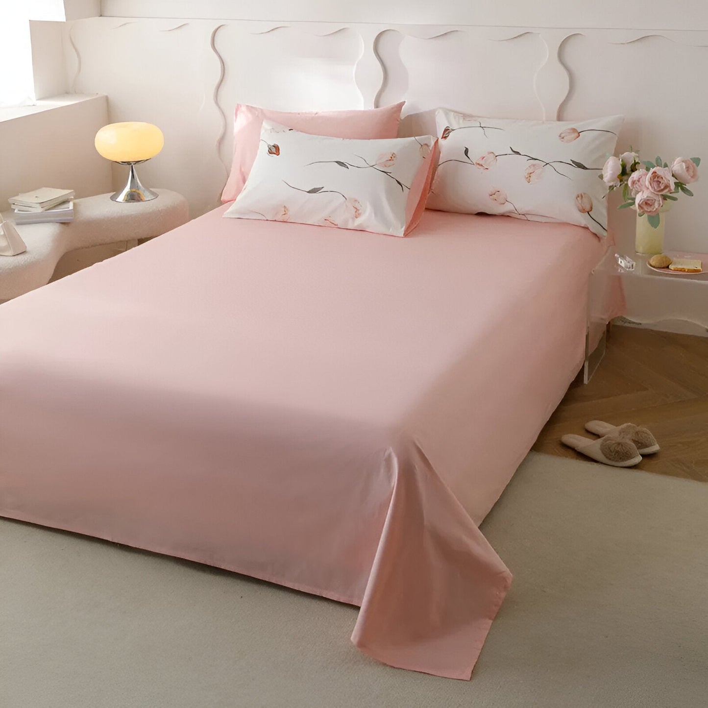 Milja Cotton Bedding Set - Front Side View Of Flat Sheet - Pink