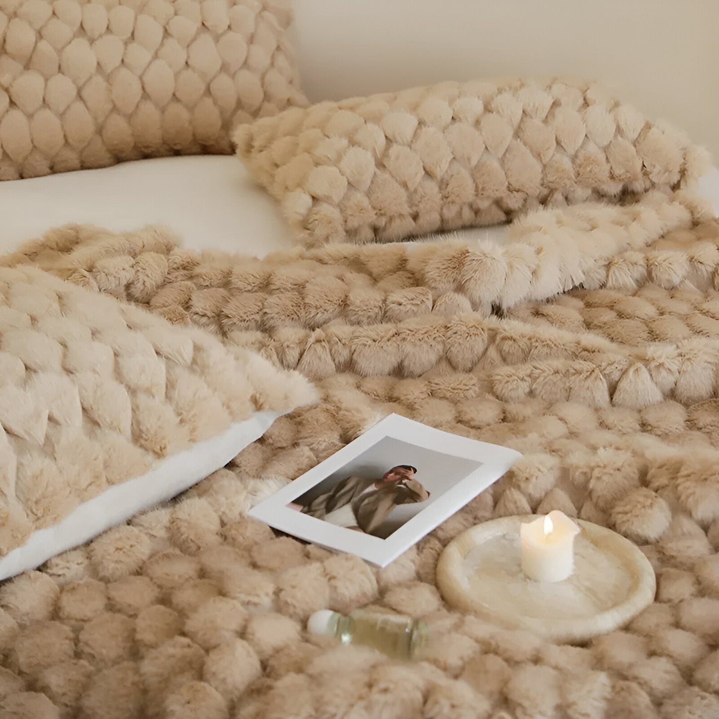 Neely Woven Faux Fur Blanket - Close Up Of Detailing - Tan