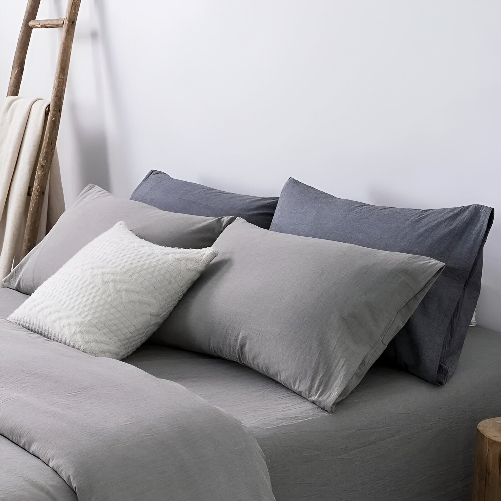 Nia Washed Cotton Bedding Set - Close Up Of Pillowcases - Light Gray