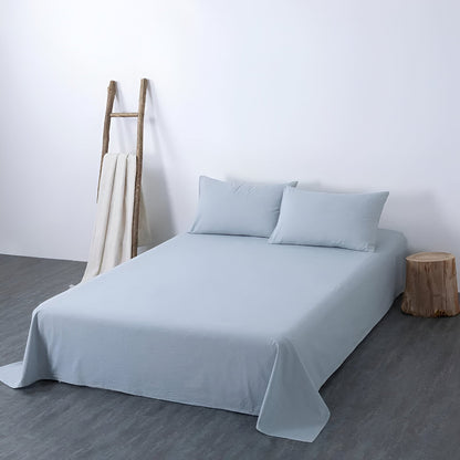 Nia Washed Cotton Bedding Set - Front Side View Of Flat Sheet - Pastel Blue