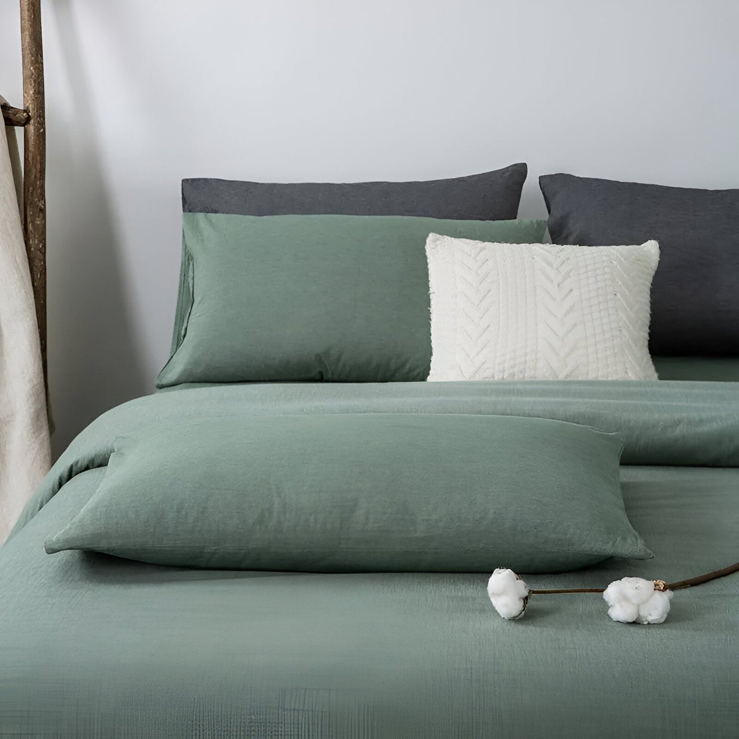 Nia Washed Cotton Bedding Set - Front Side View - Close Up - Mint Green