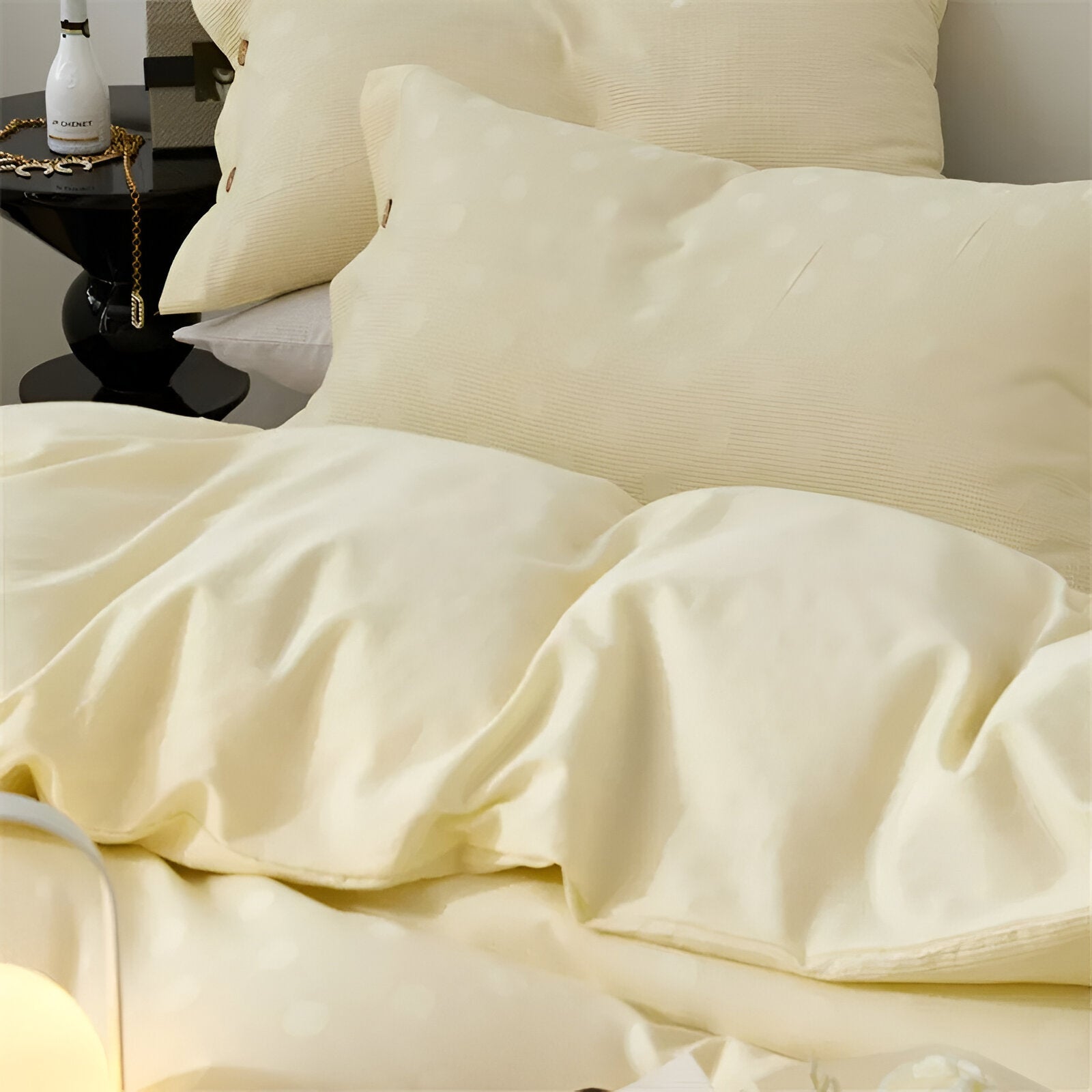 Nina Cotton Bedding Set - Close Up Of Pillowcases - Light Yellow