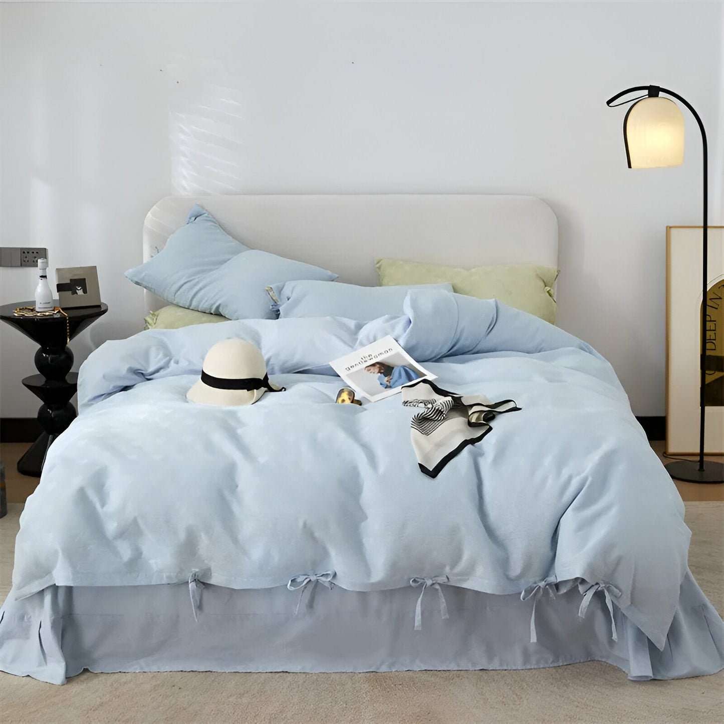 Nina Cotton Bedding Set - Front Side View - Main Product Image - Pastel Blue