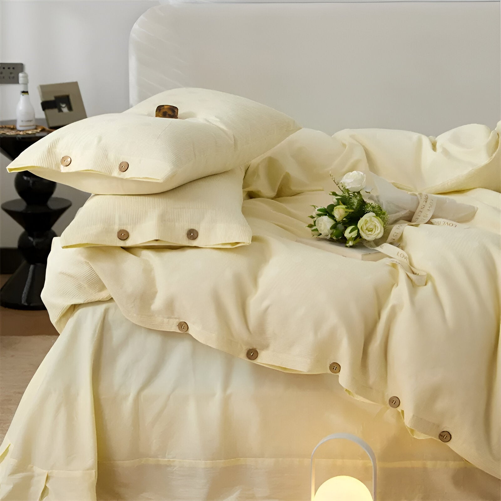 Nina Cotton Bedding Set - Front Side View - Close Up - Light Yellow