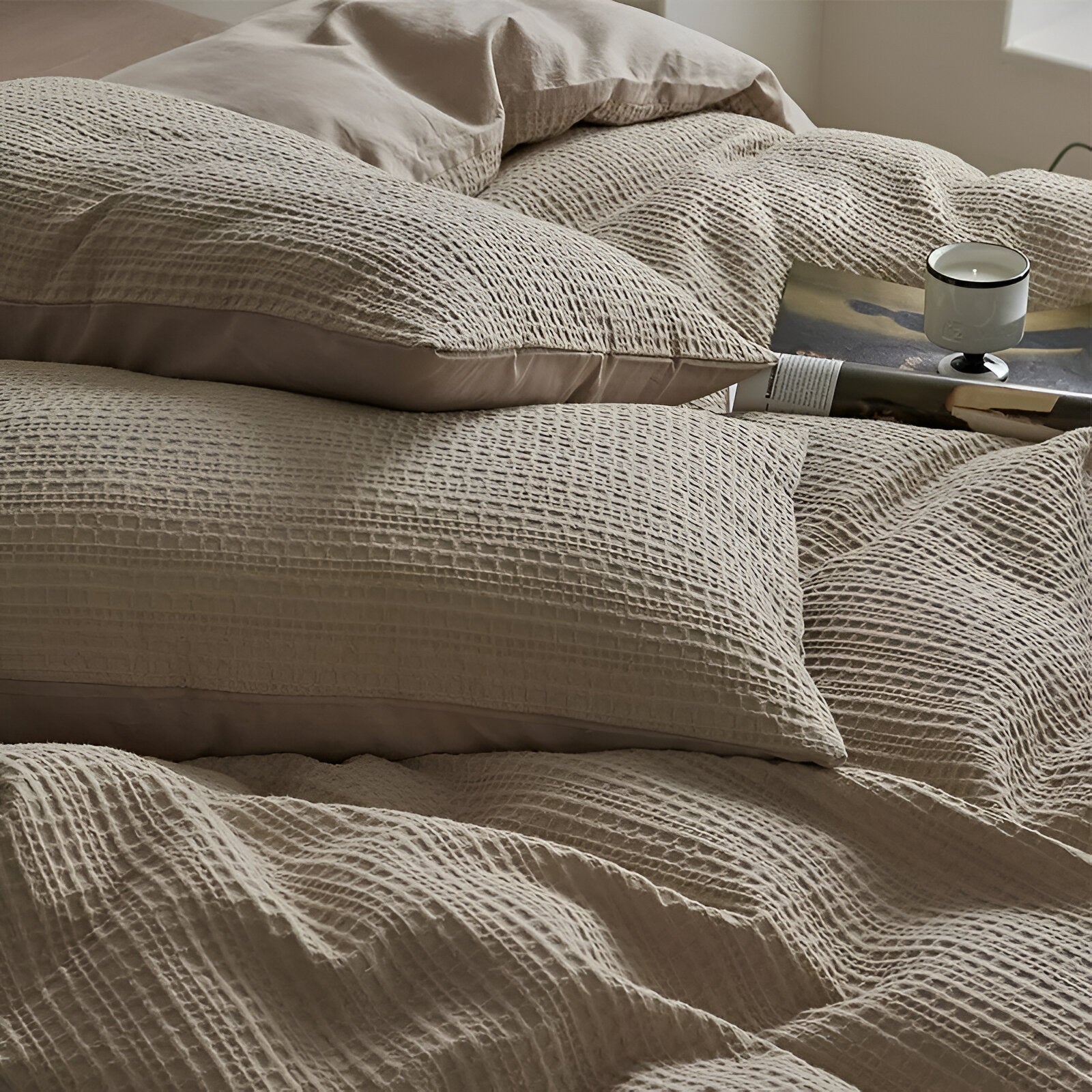 Noa Washed Cotton Bedding Set - Close Up Of Pillowcases - Beige