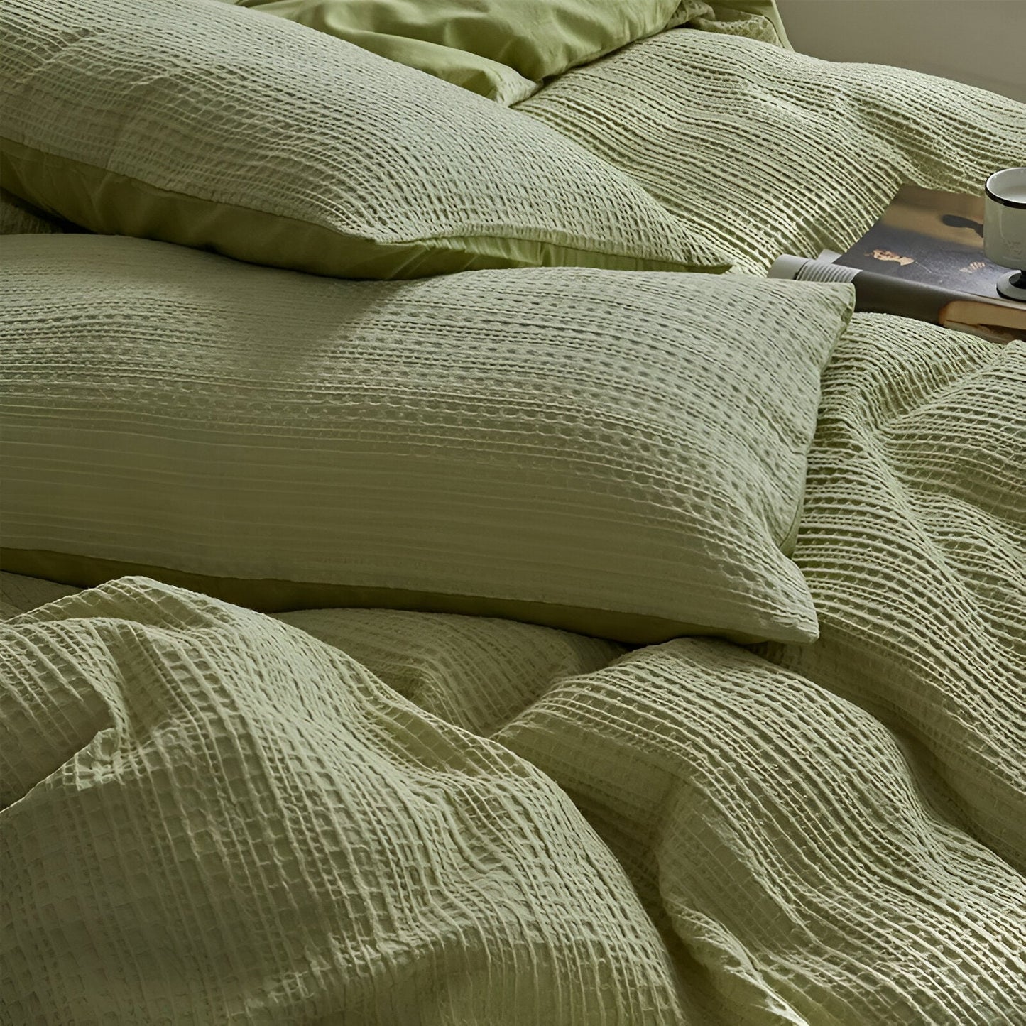 Noa Washed Cotton Bedding Set - Close Up Of Detailing - Chartreuse