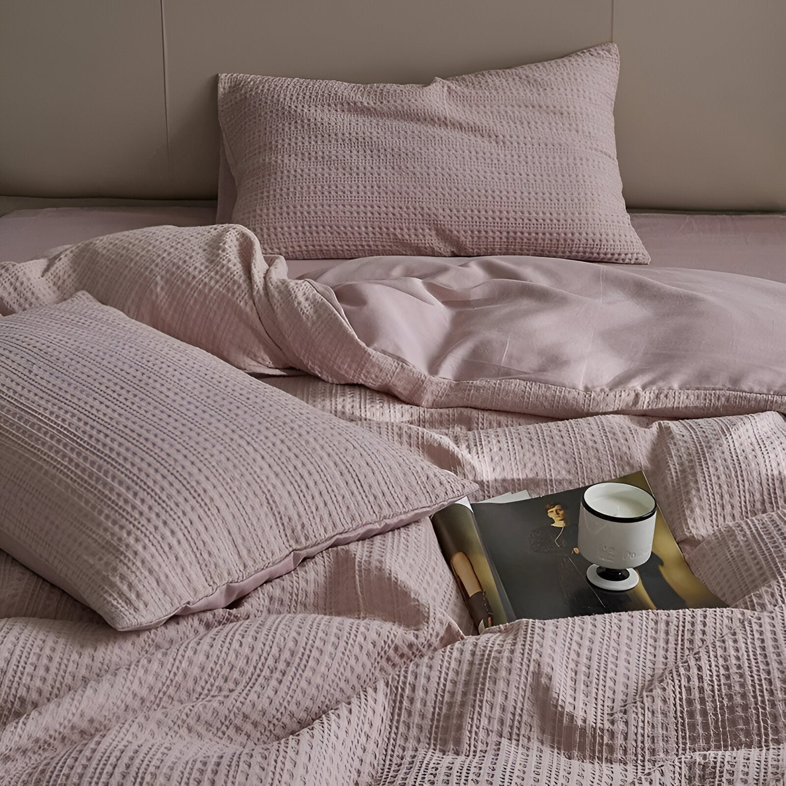 Noa Washed Cotton Bedding Set - Close Up Of Pillowcases - Pink