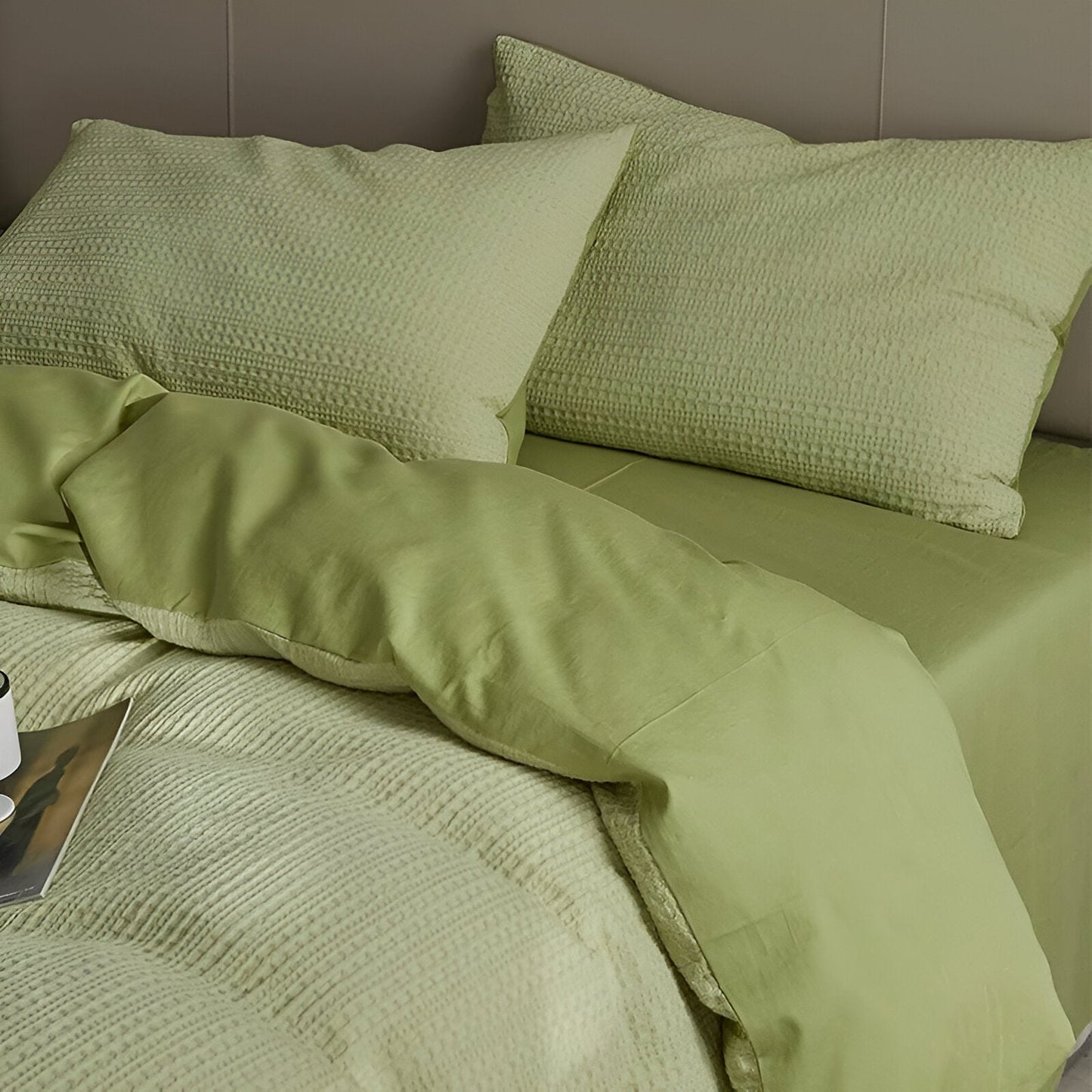 Noa Washed Cotton Bedding Set - Close Up Of Pillowcases - Chartreuse