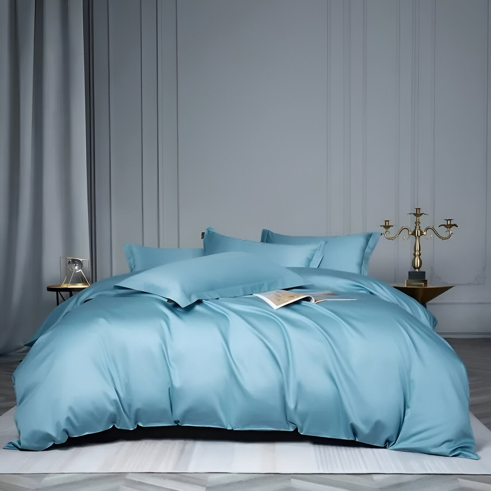 Olivia Egyptian Cotton Bedding Set - Front Side View - Main Product Image - Baby Blue