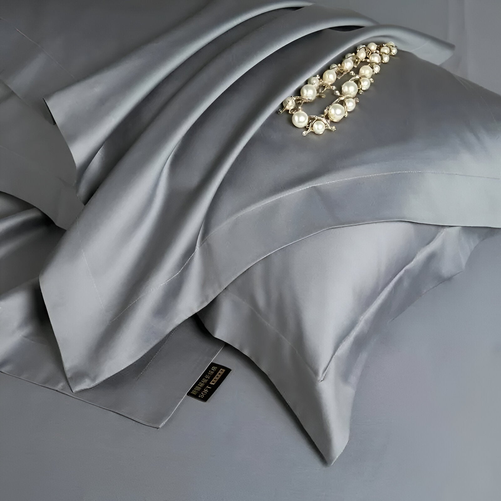 Olivia Egyptian Cotton Bedding Set - Close Up Of Pillowcases - Gray