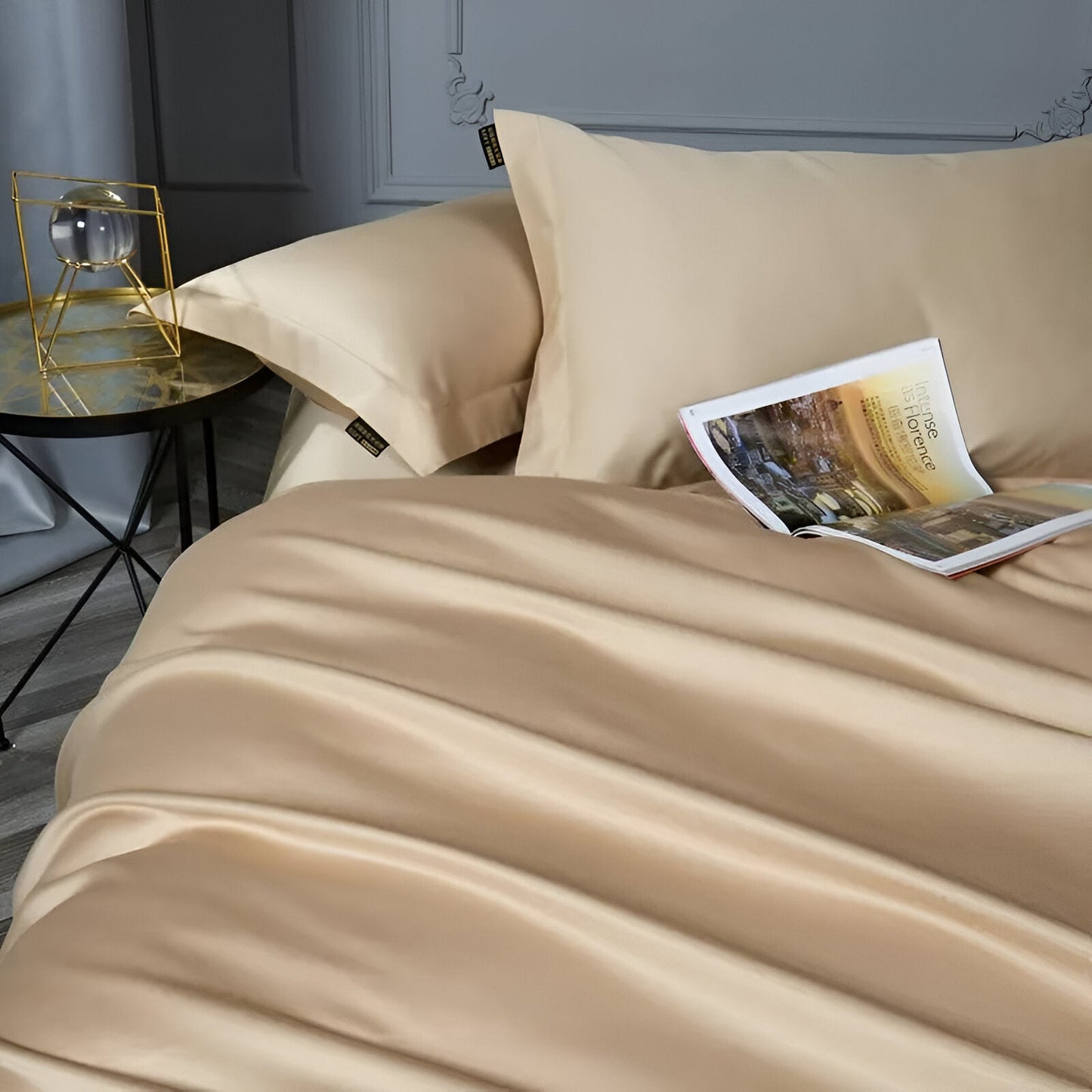 Olivia Egyptian Cotton Bedding Set - Front Side View - Close Up - Champagne