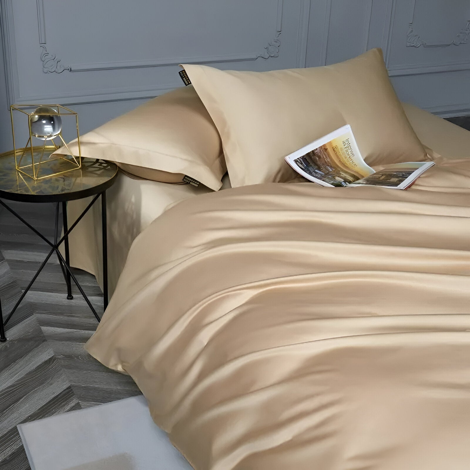 Olivia Egyptian Cotton Bedding Set - Side View - Left Side - Close Up - Champagne