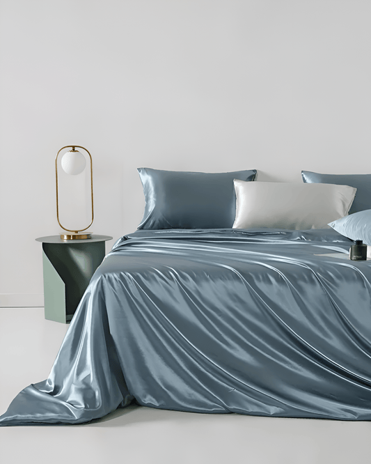 Omorose Mulberry Silk Bedding Set - Front Side View - Sky Blue