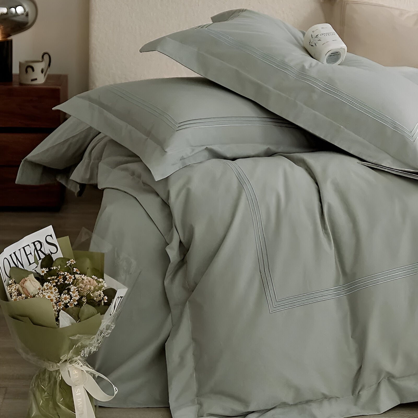 Onni Brushed Cotton Bedding Set - Front Side View - Close Up - Green