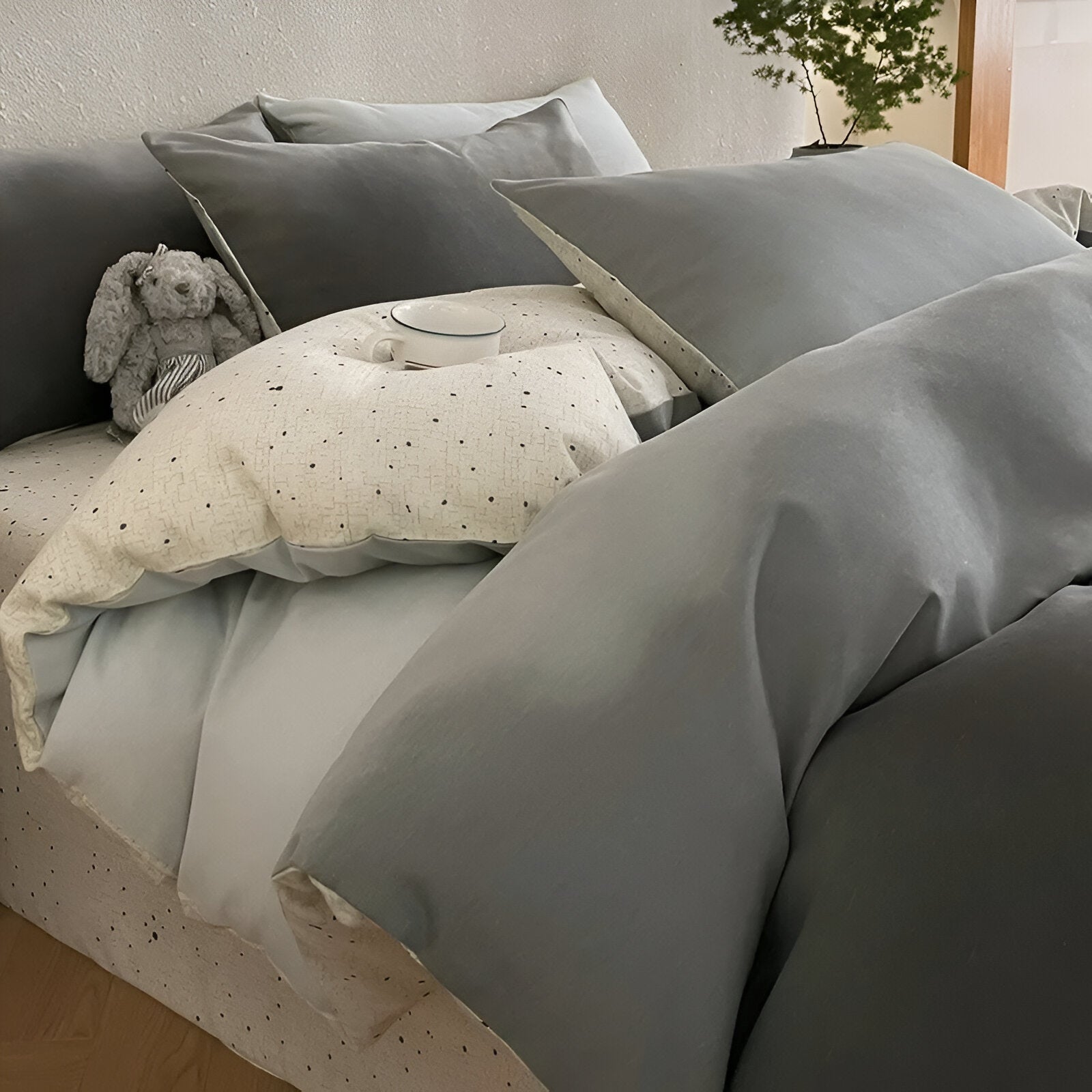 Oona Brushed Cotton Bedding Set - Side View - Left Side - Close Up - Gray