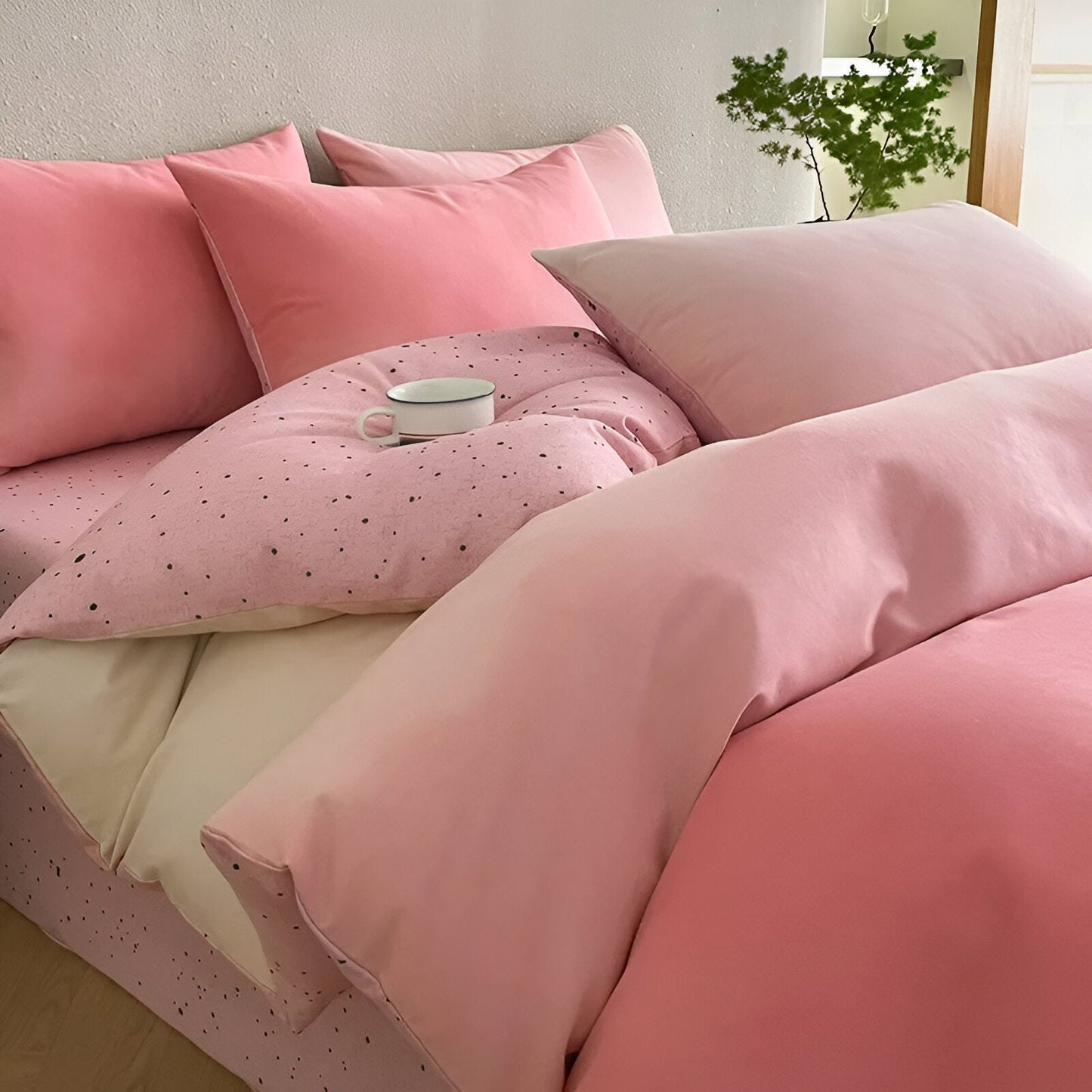 Oona Brushed Cotton Bedding Set - Side View - Left Side - Close Up - Pink