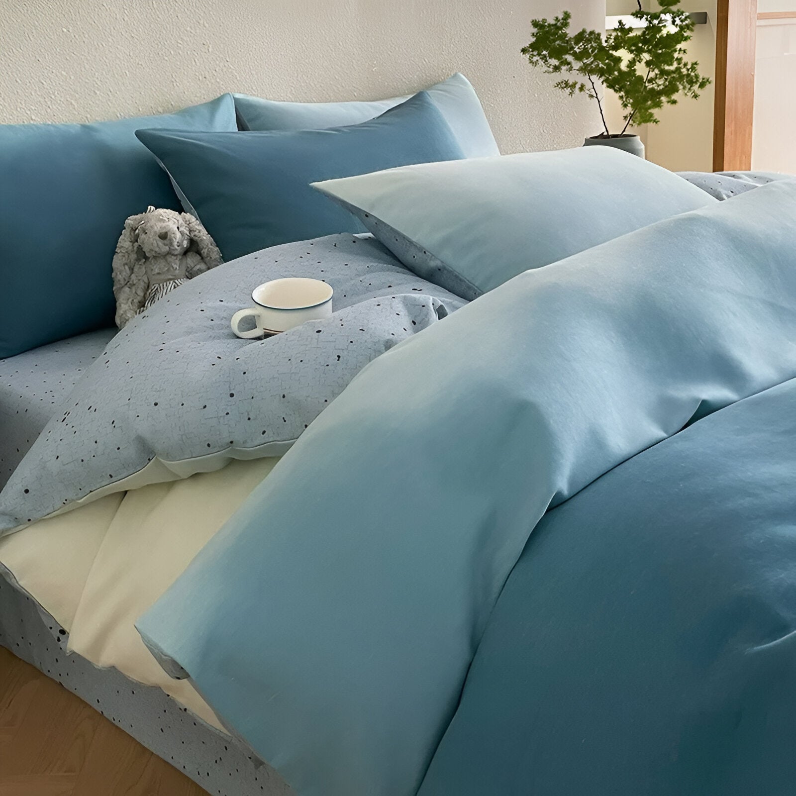 Oona Brushed Cotton Bedding Set - Side View - Left Side - Close Up - Sky Blue