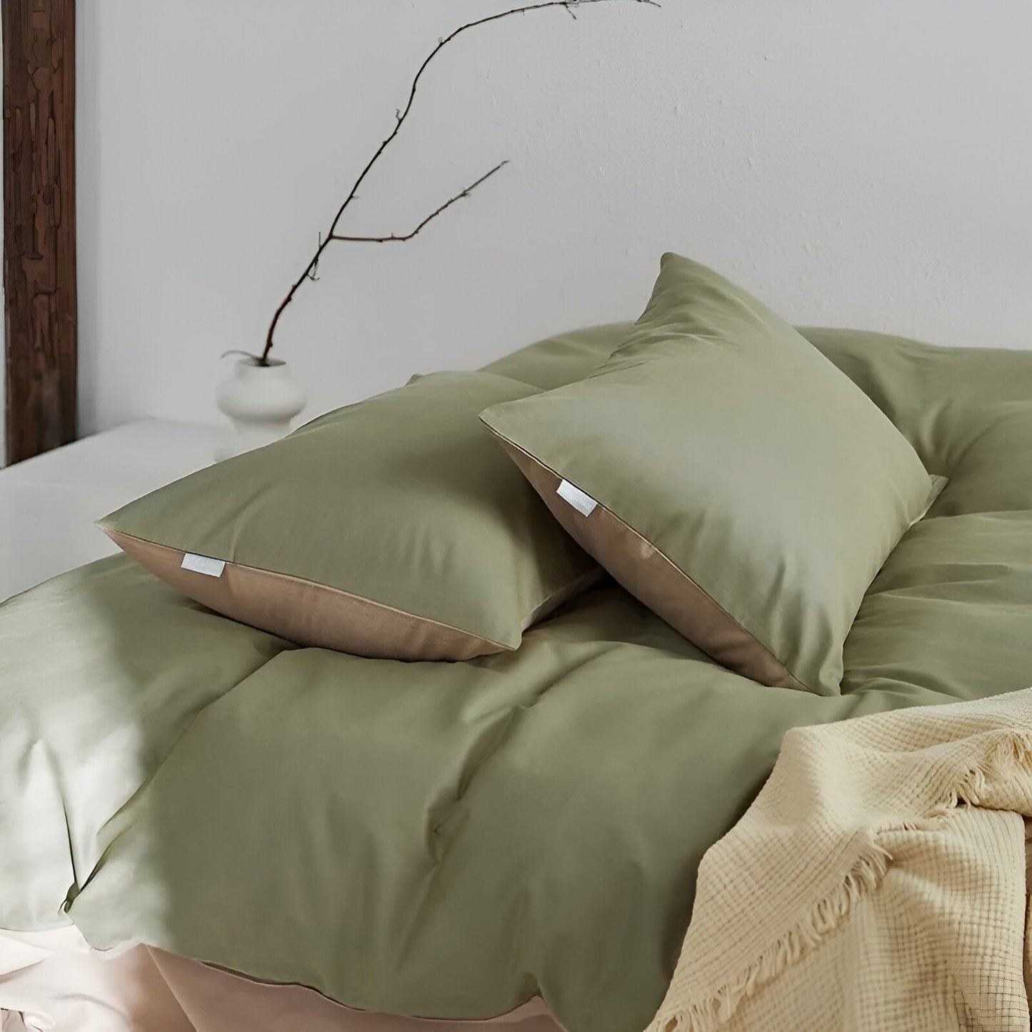 Pilvi Brushed Cotton Bedding Set - Close Up Of Pillowcases - Sage Green