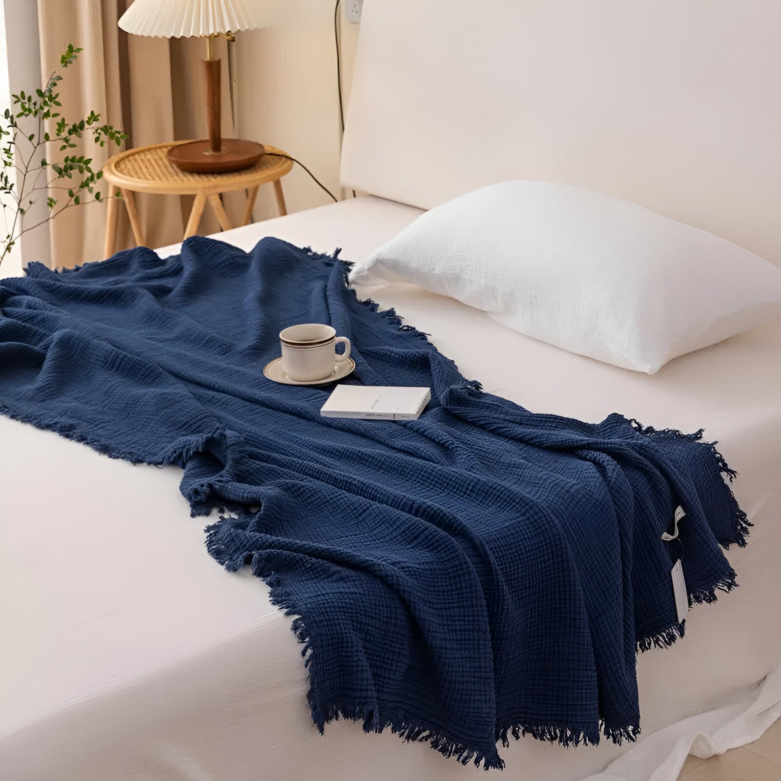 Rania Knitted Throw Blanket - Birds Eye View - Navy Blue