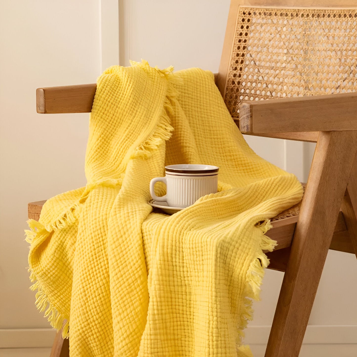 Rania Knitted Throw Blanket - Front Side View - Main Product Image - Light Yellow