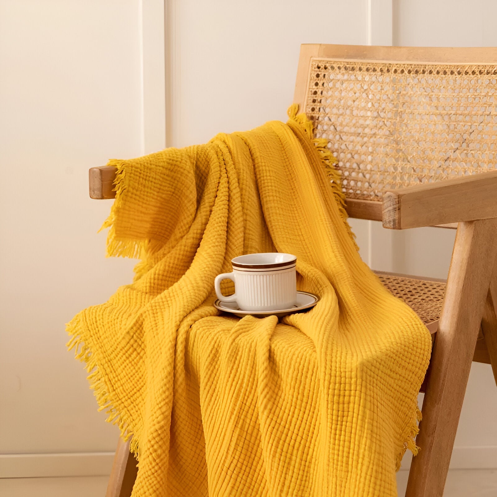 Rania Knitted Throw Blanket - Front Side View - Main Product Image - Yellow