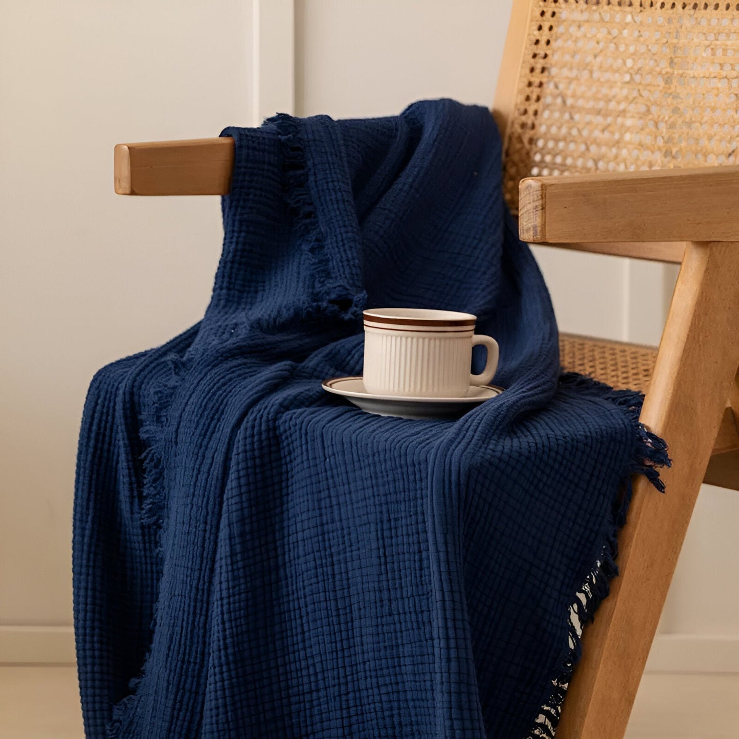 Rania Knitted Throw Blanket - Front Side View - Main Product Image - Navy Blue