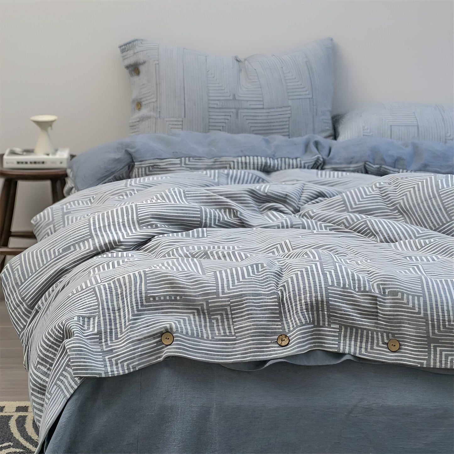 Rebecca Linen Bedding Set - Front Side View - Blue