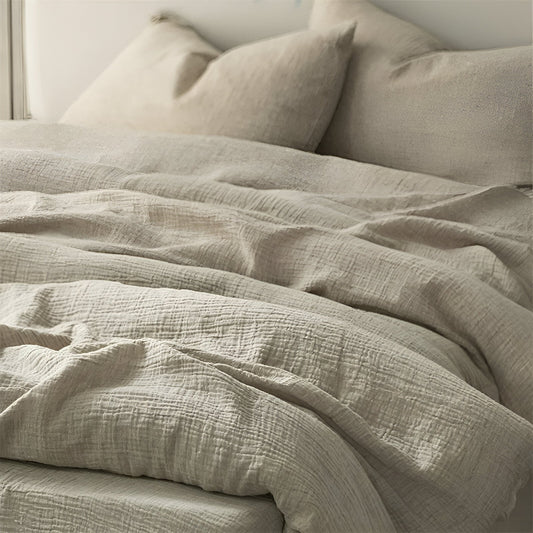 Robyn Linen Bedding Set - Front Side View - Close Up - Pale Khaki