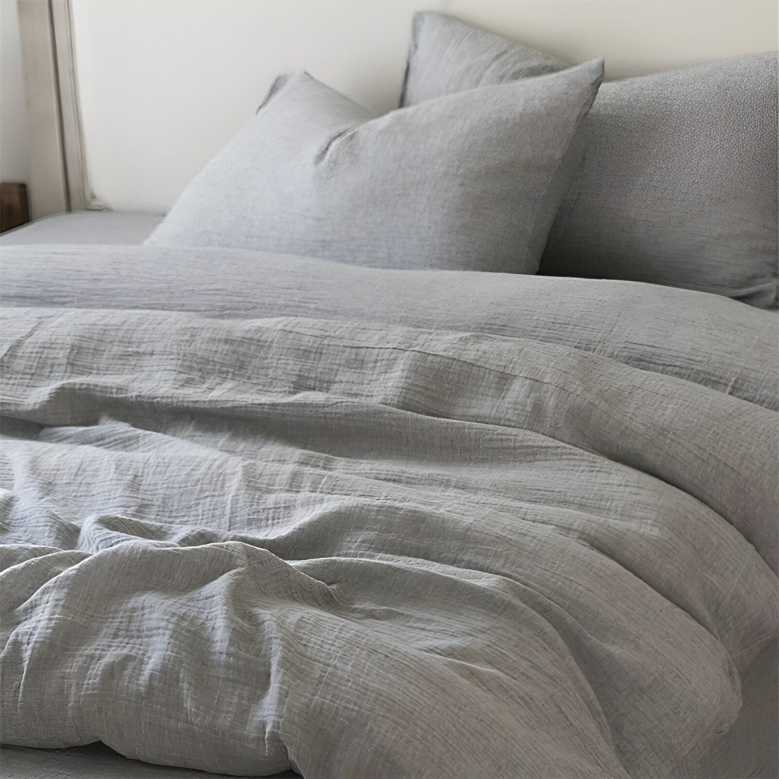 Robyn Linen Bedding Set - Front Side View - Close Up - Light Gray