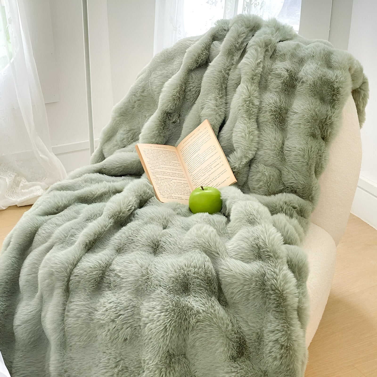 Rosa Knitted Faux Fur Blanket - Front Side View - Main Product Image - Green