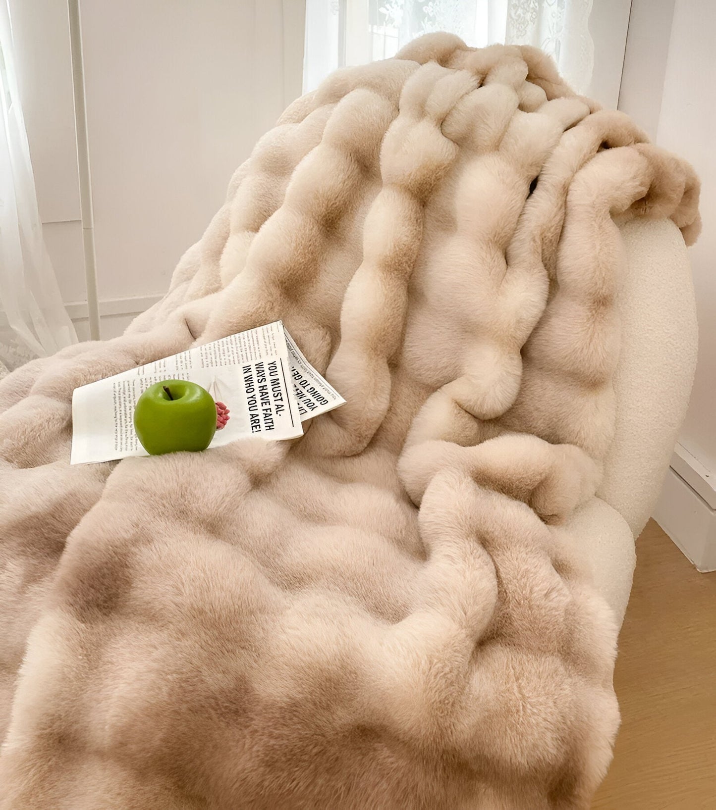 Rosa Knitted Faux Fur Blanket - Front Side View - Main Product Image - Light Taupe