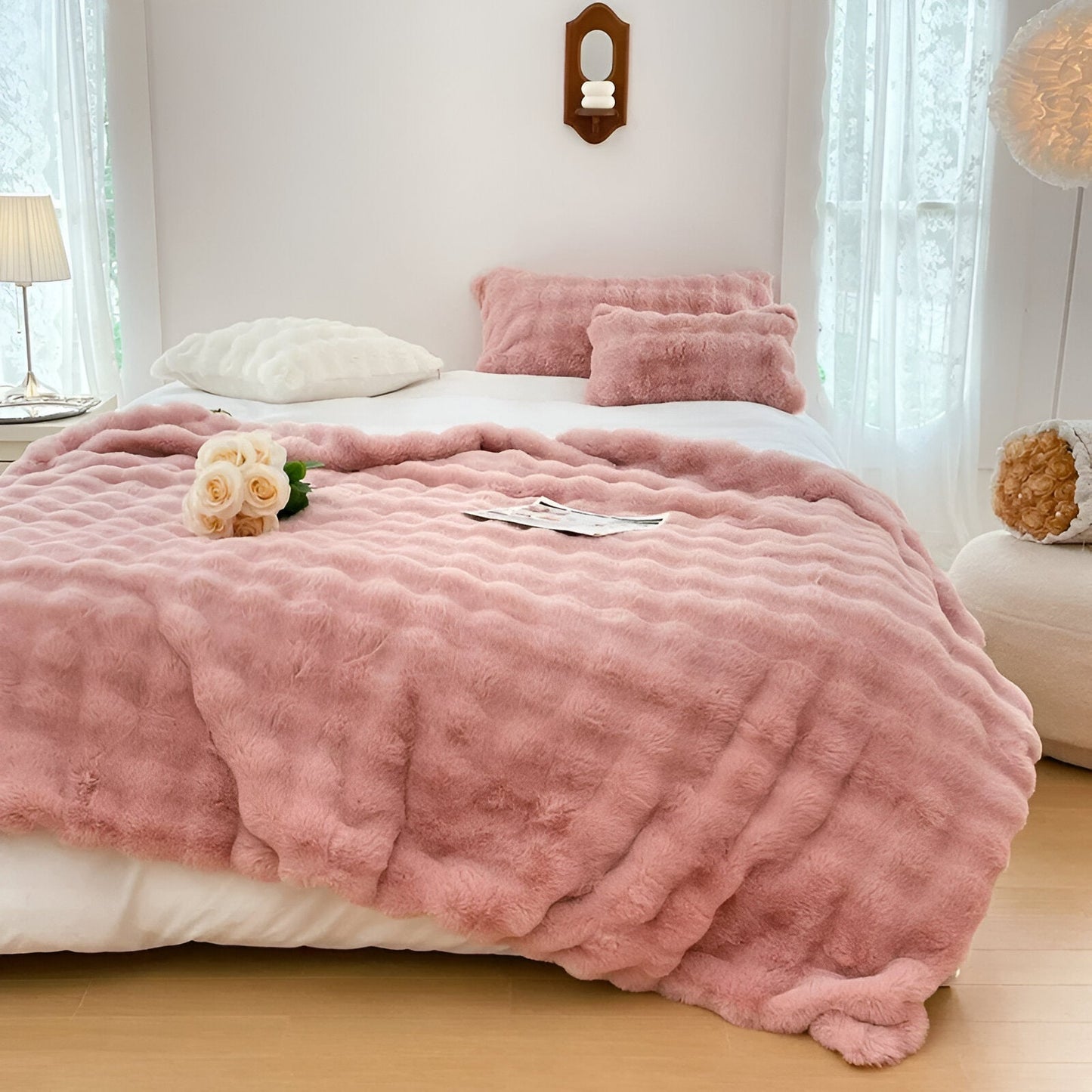 Rosa Knitted Faux Fur Blanket - Front Side View - Pink