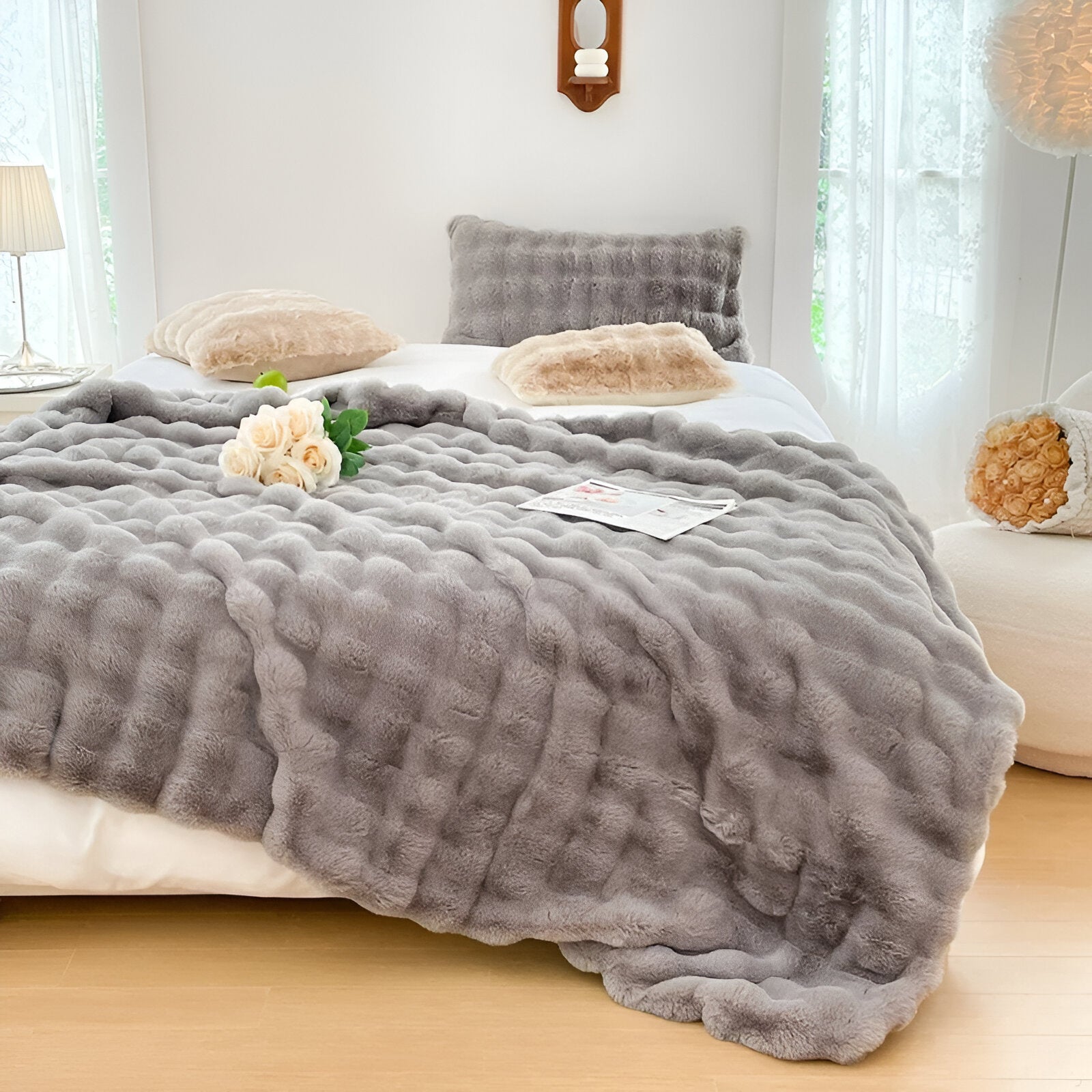 Rosa Knitted Faux Fur Blanket - Front Side View - Gray