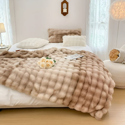 Rosa Knitted Faux Fur Blanket - Front Side View - Light Taupe