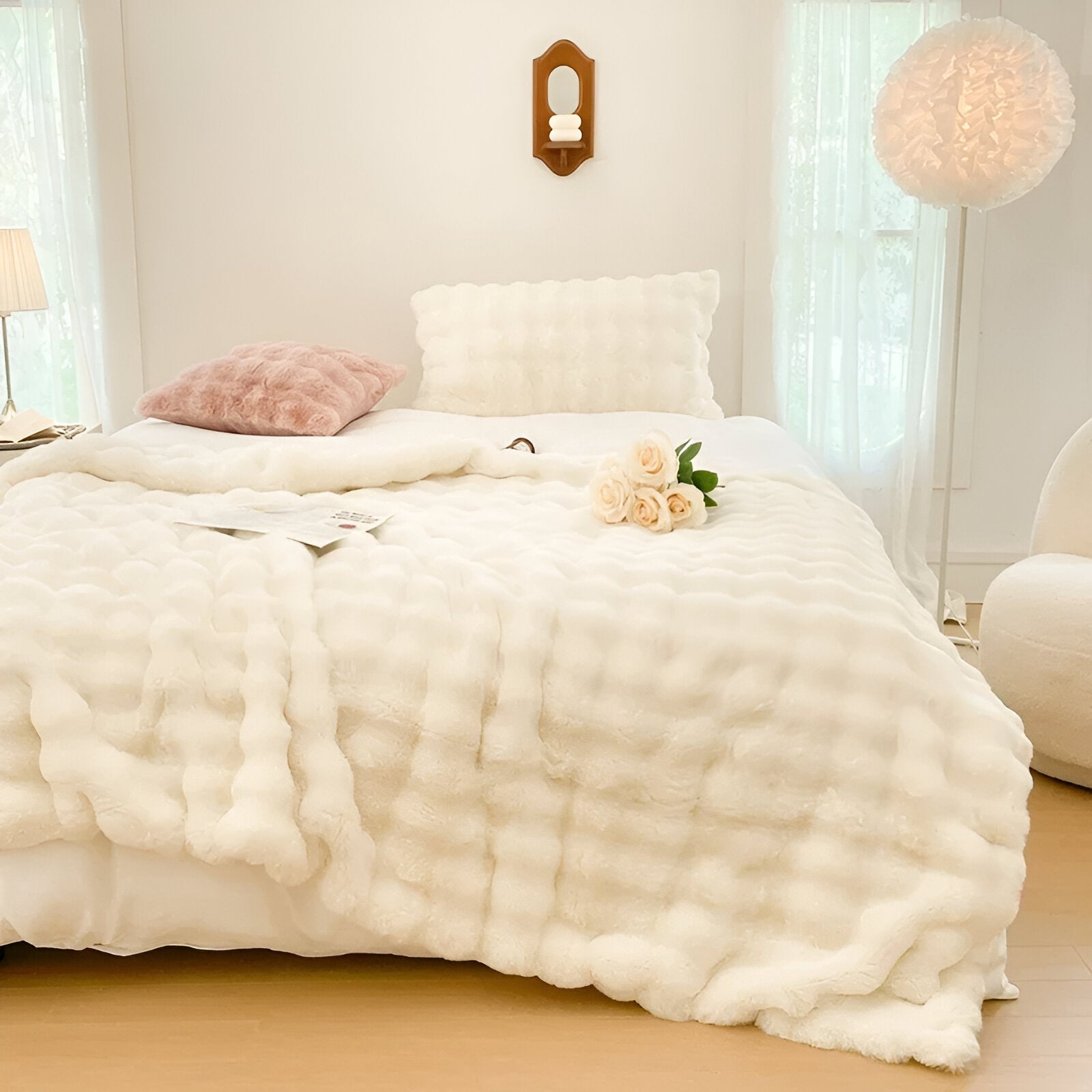 Rosa Knitted Faux Fur Blanket - Front Side View - Off White