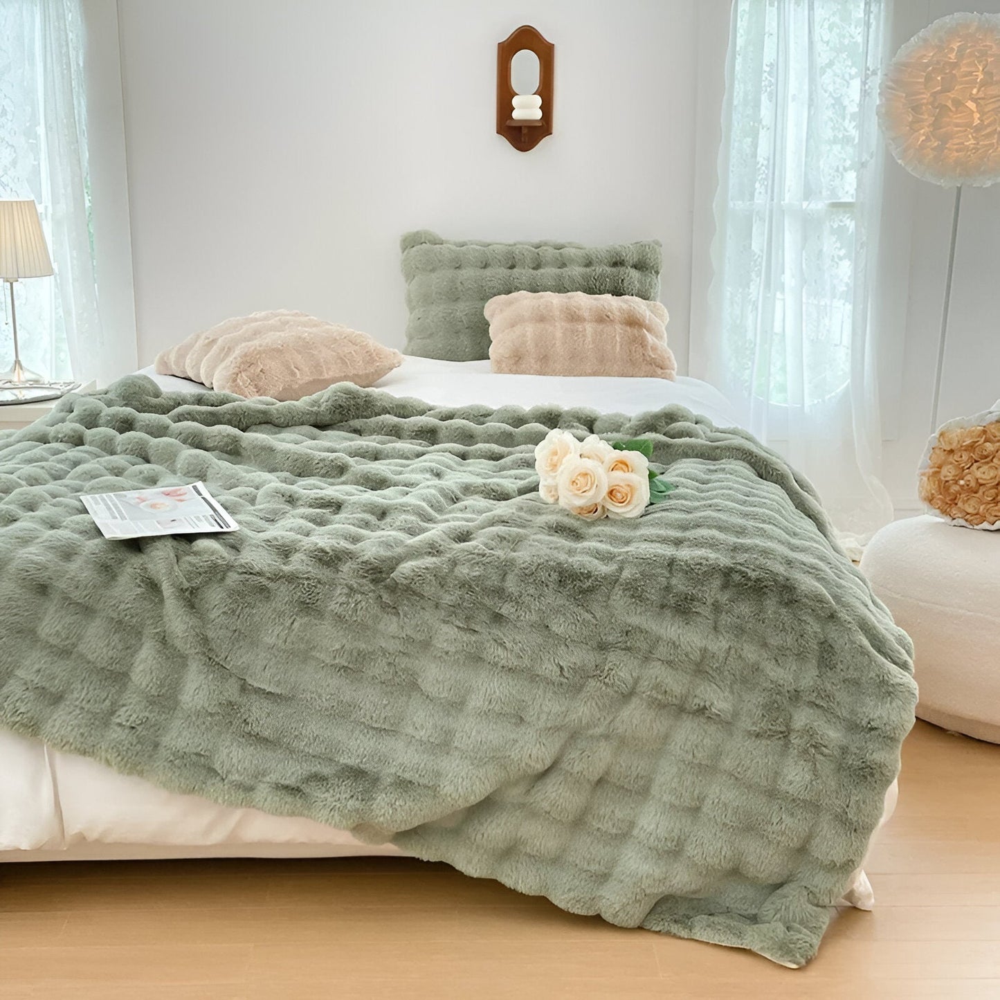 Rosa Knitted Faux Fur Blanket - Front Side View - Green