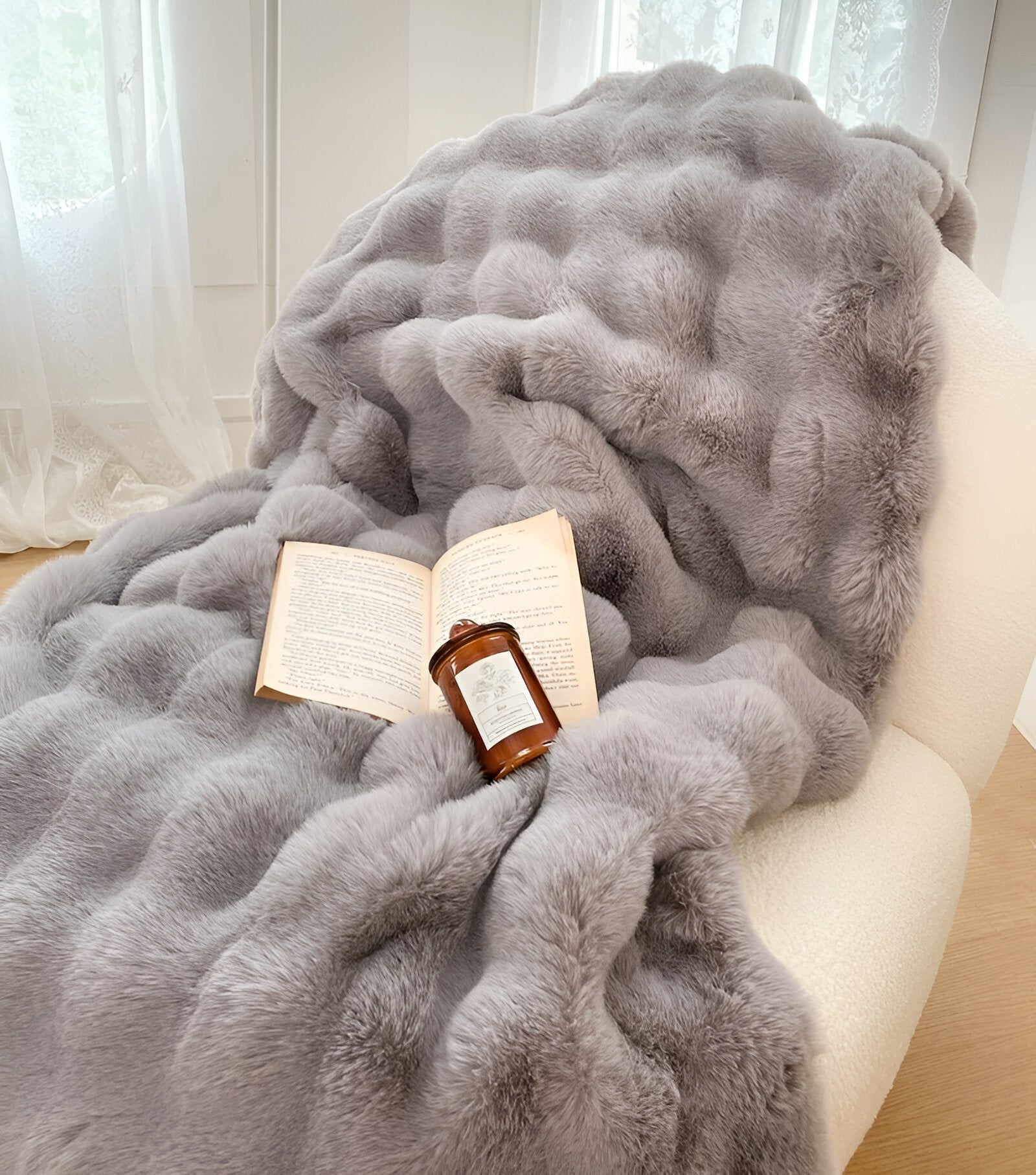 Rosa Knitted Faux Fur Blanket - Front Side View - Main Product Image - Gray