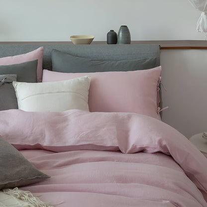 Rosalie French Linen Bedding Set - Close Up Of Pillowcases - Pink