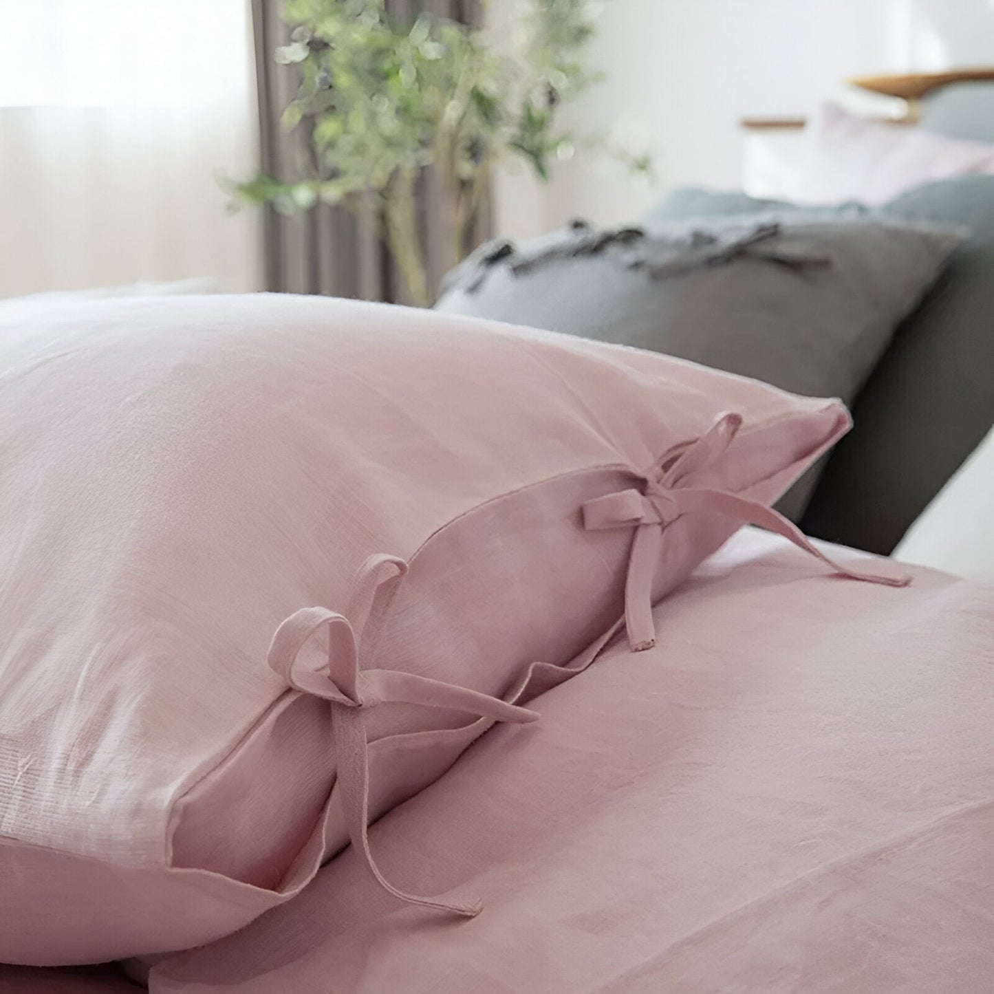 Rosalie French Linen Bedding Set - Close Up Of Pillowcase Detailing - Pink