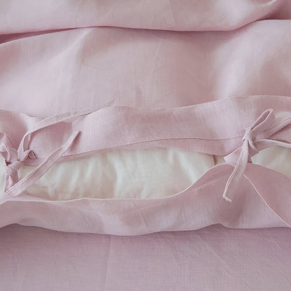 Rosalie French Linen Bedding Set - Close Up Of Tie Closure - Pink